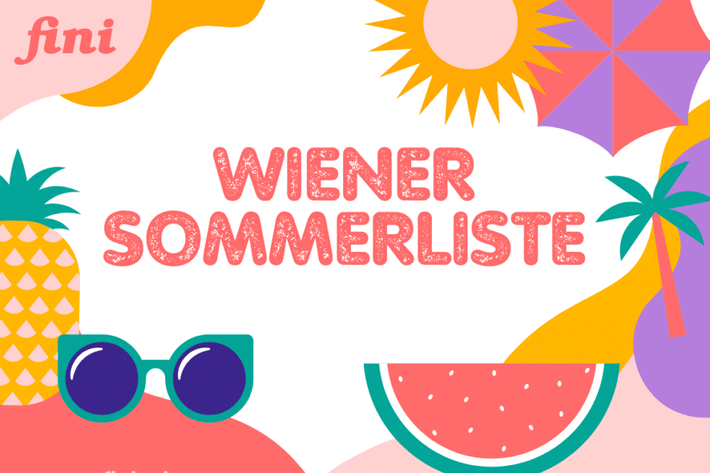 Eine farbenfrohe Checkliste für die Sommerferien mit Illustrationen von Melonen und Eiscreme, erstellt für gemeinsame Familien-Abenteuer in Wien, kuratiert für Familien auf fini.wien.